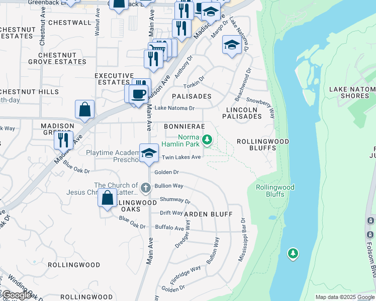 map of restaurants, bars, coffee shops, grocery stores, and more near 5613 Snipes Boulevard in Orangevale