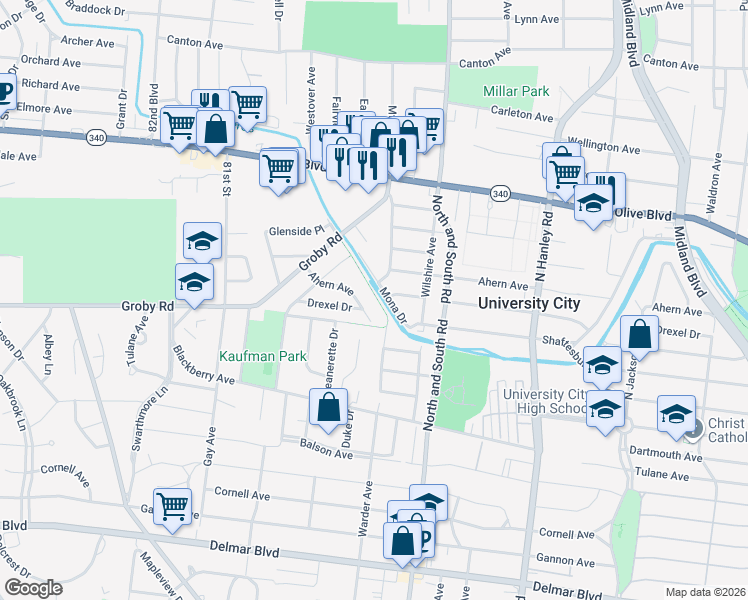 map of restaurants, bars, coffee shops, grocery stores, and more near 1101 Mona Drive in University City