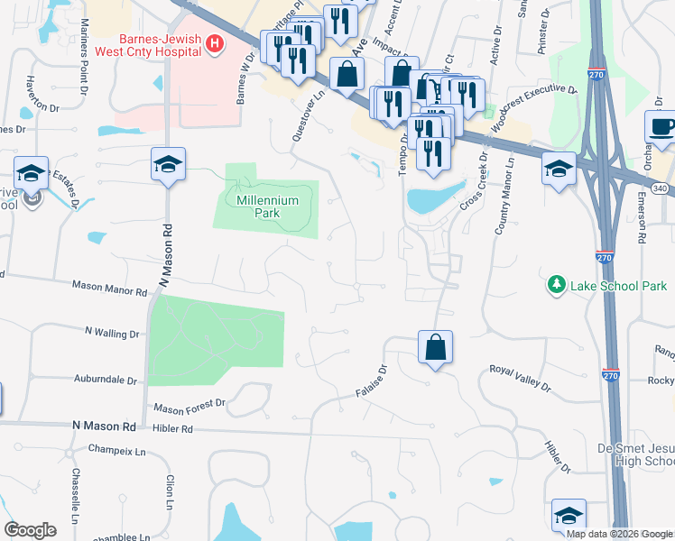 map of restaurants, bars, coffee shops, grocery stores, and more near 12425 Stratford Ridge Court in Creve Coeur