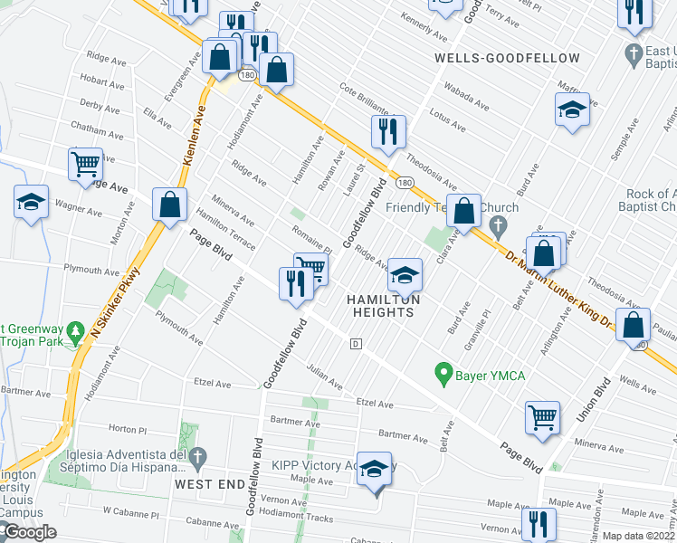 map of restaurants, bars, coffee shops, grocery stores, and more near 1362 Goodfellow Boulevard in St. Louis