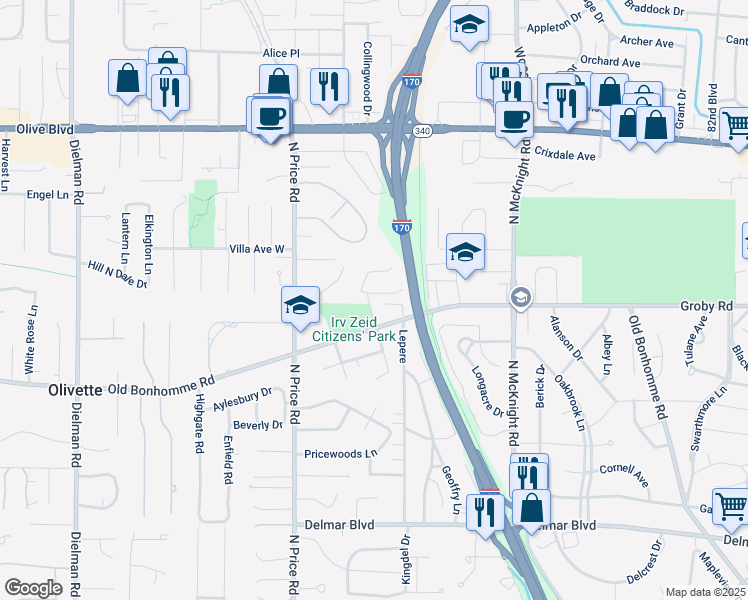 map of restaurants, bars, coffee shops, grocery stores, and more near 23 Bon Price Terrace in St. Louis