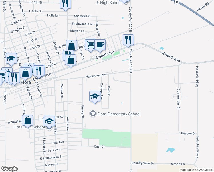map of restaurants, bars, coffee shops, grocery stores, and more near 201-299 College Avenue in Flora