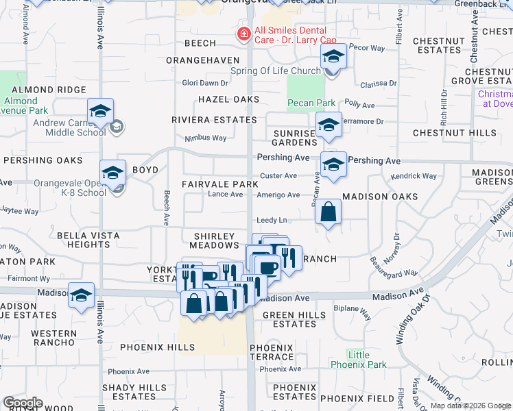 map of restaurants, bars, coffee shops, grocery stores, and more near 5624 Hazel Avenue in Orangevale