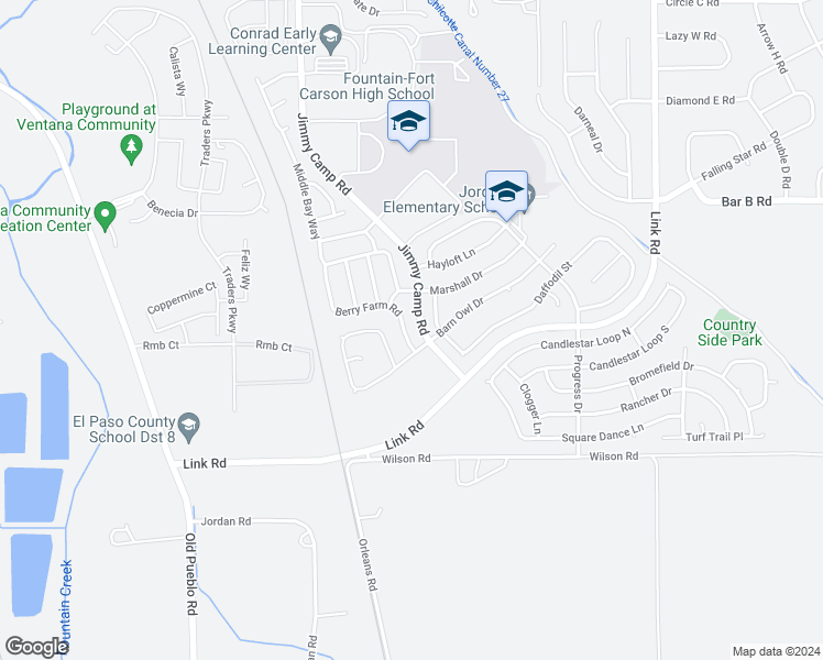 map of restaurants, bars, coffee shops, grocery stores, and more near 11375 Berry Farm Road in Fountain
