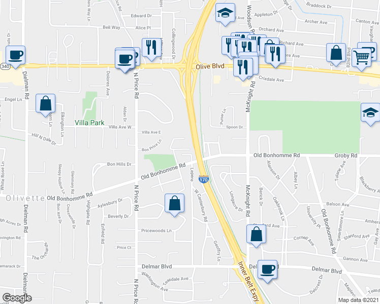 map of restaurants, bars, coffee shops, grocery stores, and more near 20 Bon Price Terrace in St. Louis
