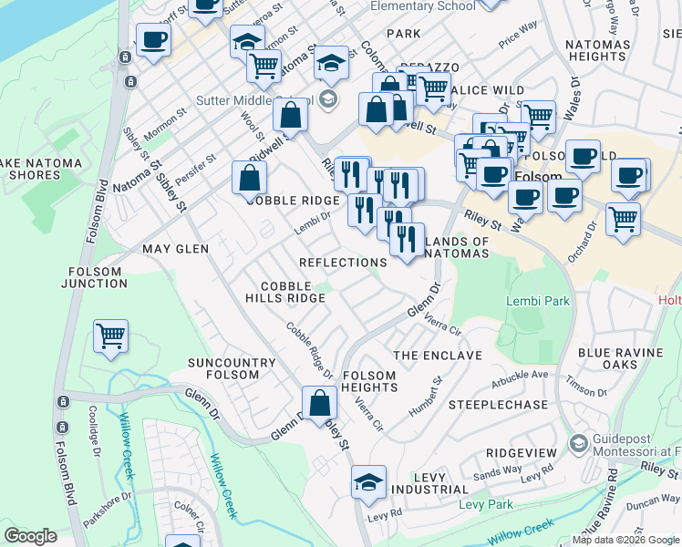 map of restaurants, bars, coffee shops, grocery stores, and more near 114 Oxburough Drive in Folsom