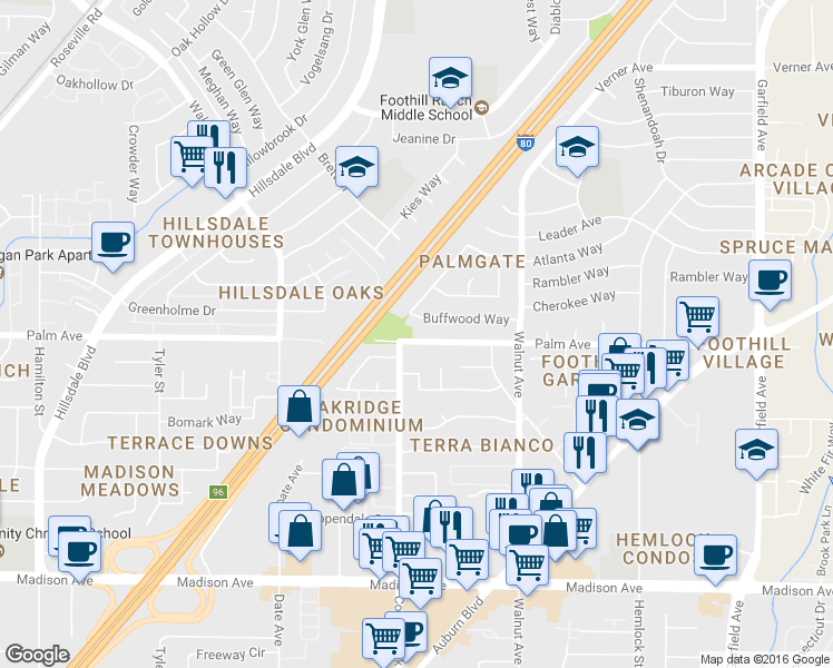 map of restaurants, bars, coffee shops, grocery stores, and more near 4909 Palm Ave in Sacramento