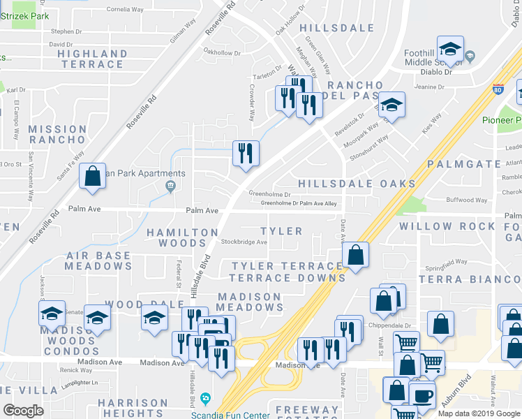map of restaurants, bars, coffee shops, grocery stores, and more near 4417 Palm Avenue in Sacramento