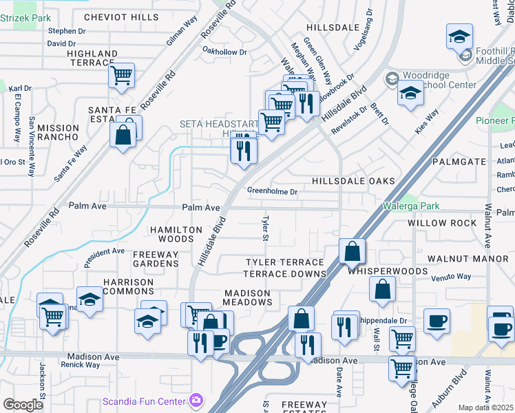 map of restaurants, bars, coffee shops, grocery stores, and more near 4417 Palm Avenue in Sacramento