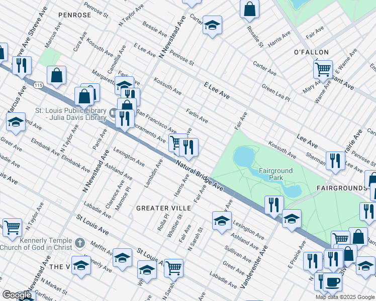 map of restaurants, bars, coffee shops, grocery stores, and more near 4237 Sacramento Avenue in St. Louis