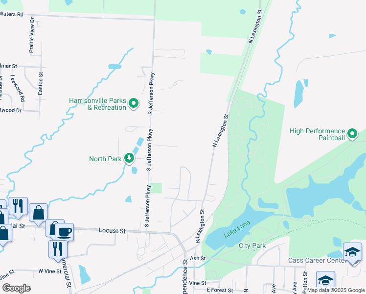 map of restaurants, bars, coffee shops, grocery stores, and more near 2001 South Jefferson Parkway in Harrisonville