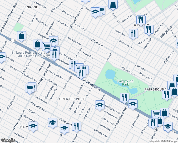 map of restaurants, bars, coffee shops, grocery stores, and more near 4200 San Francisco Avenue in St. Louis