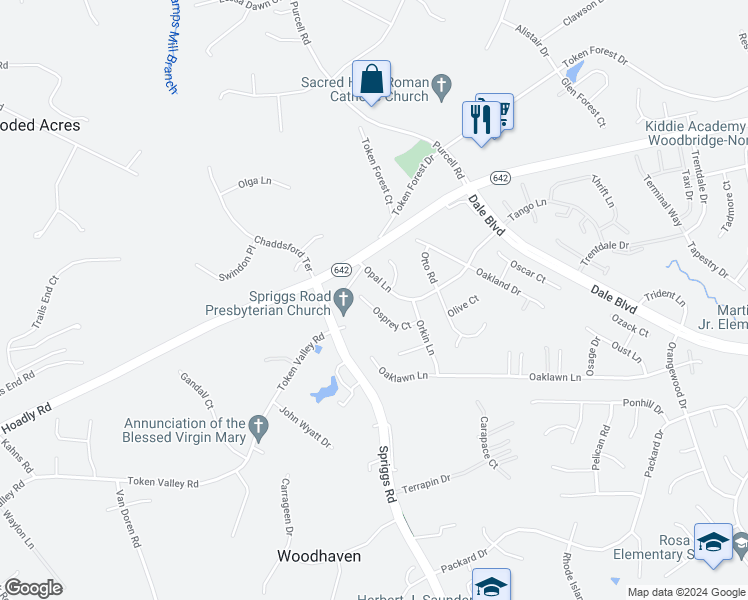 map of restaurants, bars, coffee shops, grocery stores, and more near 6446 Osprey Court in Woodbridge