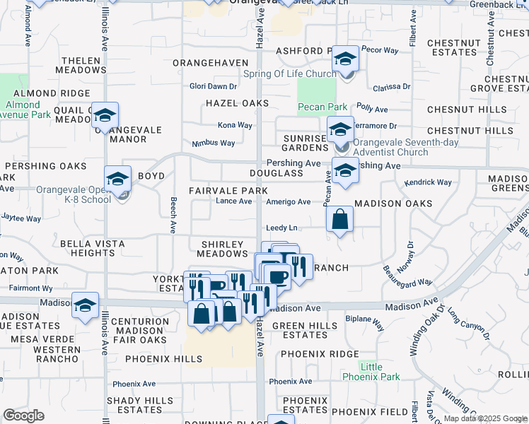 map of restaurants, bars, coffee shops, grocery stores, and more near 5624 Hazel Avenue in Orangevale