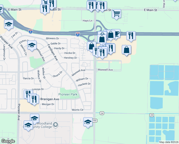 map of restaurants, bars, coffee shops, grocery stores, and more near 1983 Schlotz Court in Woodland