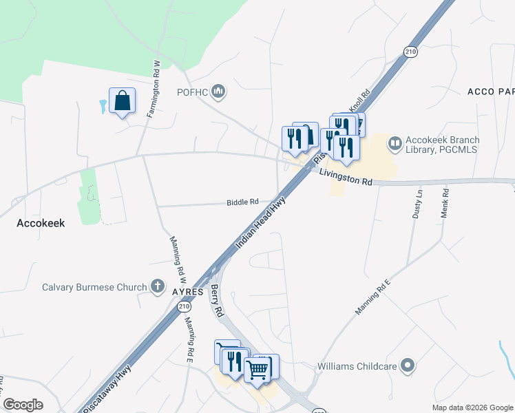 map of restaurants, bars, coffee shops, grocery stores, and more near 208 Biddle Road in Accokeek
