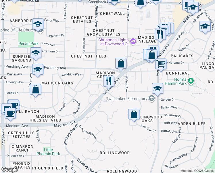 map of restaurants, bars, coffee shops, grocery stores, and more near 9227 Madison Avenue in Orangevale