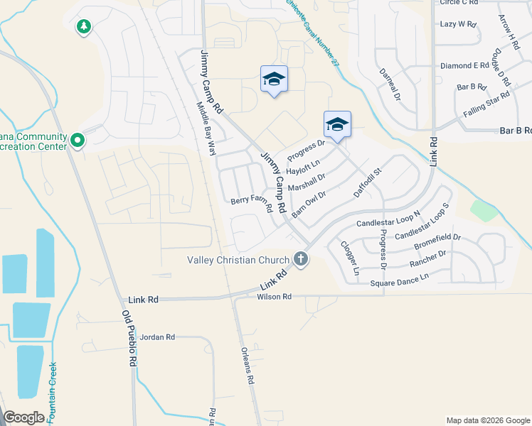 map of restaurants, bars, coffee shops, grocery stores, and more near 11360 Berry Farm Road in Fountain