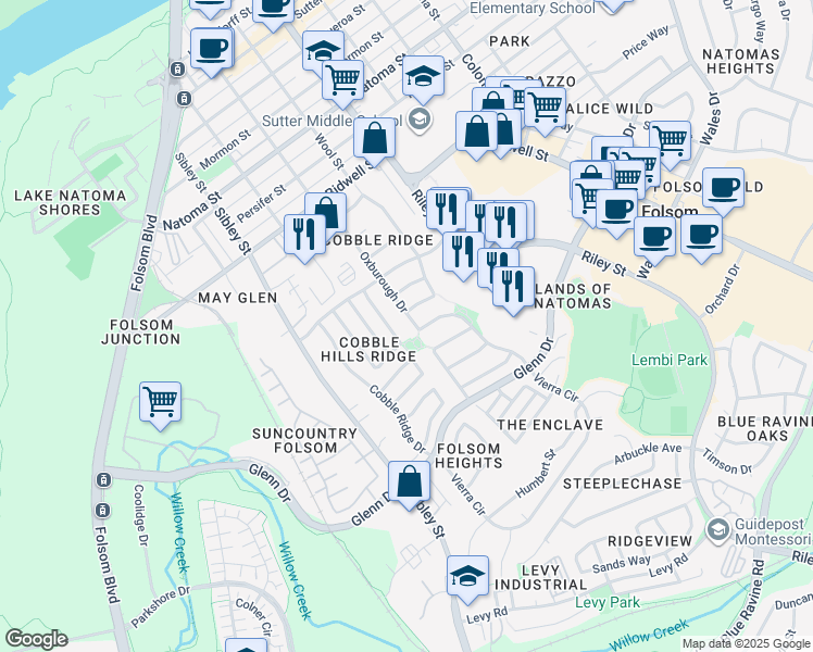 map of restaurants, bars, coffee shops, grocery stores, and more near 138 Oxburough Drive in Folsom
