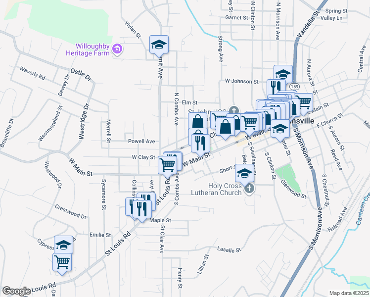 map of restaurants, bars, coffee shops, grocery stores, and more near 622 West Clay Street in Collinsville