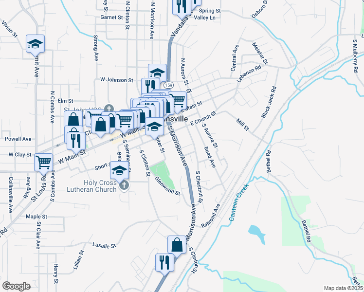 map of restaurants, bars, coffee shops, grocery stores, and more near 226 South Morrison Avenue in Collinsville