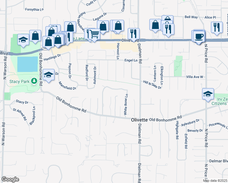map of restaurants, bars, coffee shops, grocery stores, and more near 9466 Bonhomme Woods Drive in Olivette