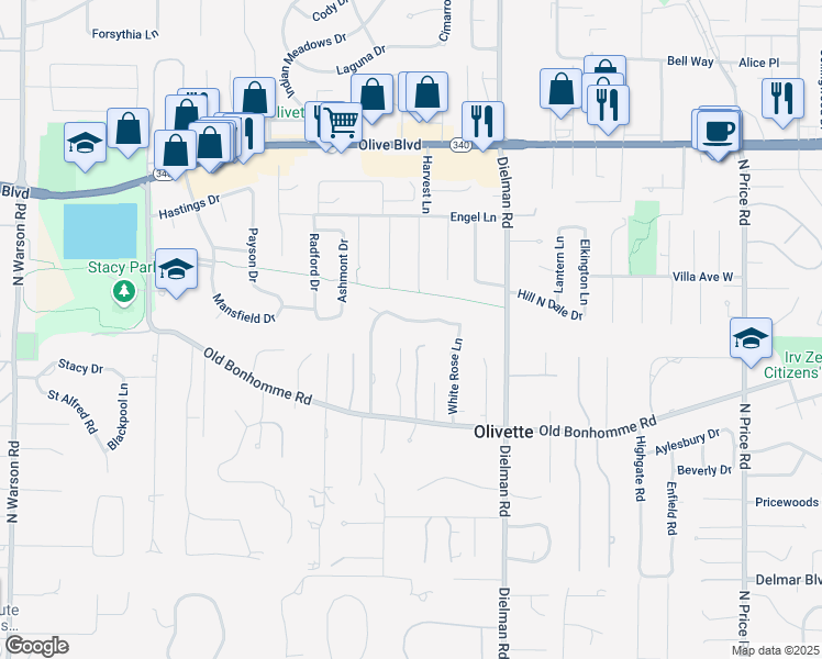 map of restaurants, bars, coffee shops, grocery stores, and more near 9466 Bonhomme Woods Drive in Olivette