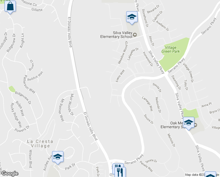 map of restaurants, bars, coffee shops, grocery stores, and more near 4176 Meadow Wood Drive in El Dorado Hills