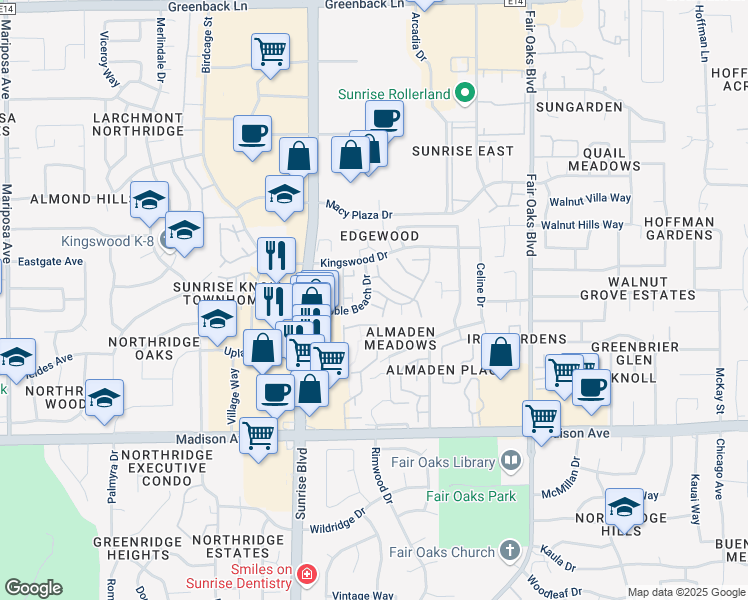 map of restaurants, bars, coffee shops, grocery stores, and more near 5610 Spyglass Lane in Citrus Heights