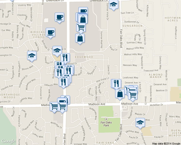 map of restaurants, bars, coffee shops, grocery stores, and more near 5661 Spyglass Lane in Citrus Heights
