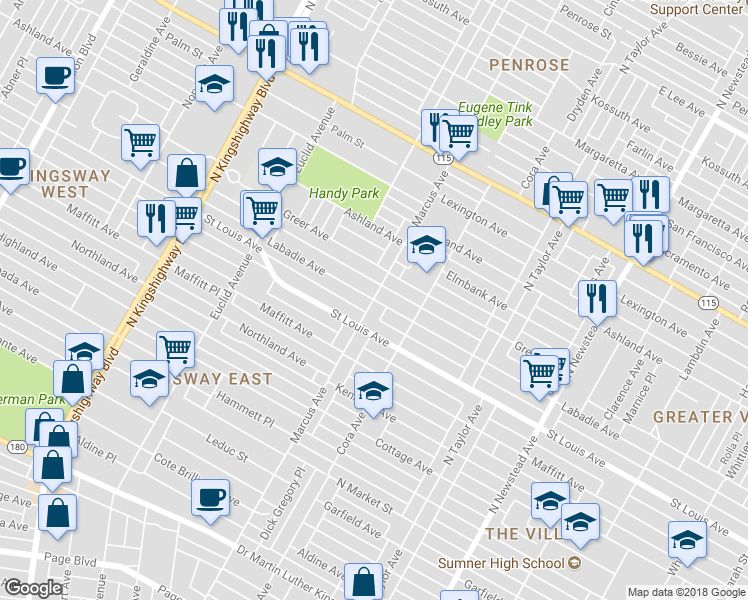 map of restaurants, bars, coffee shops, grocery stores, and more near 3000 Marcus Avenue in St. Louis