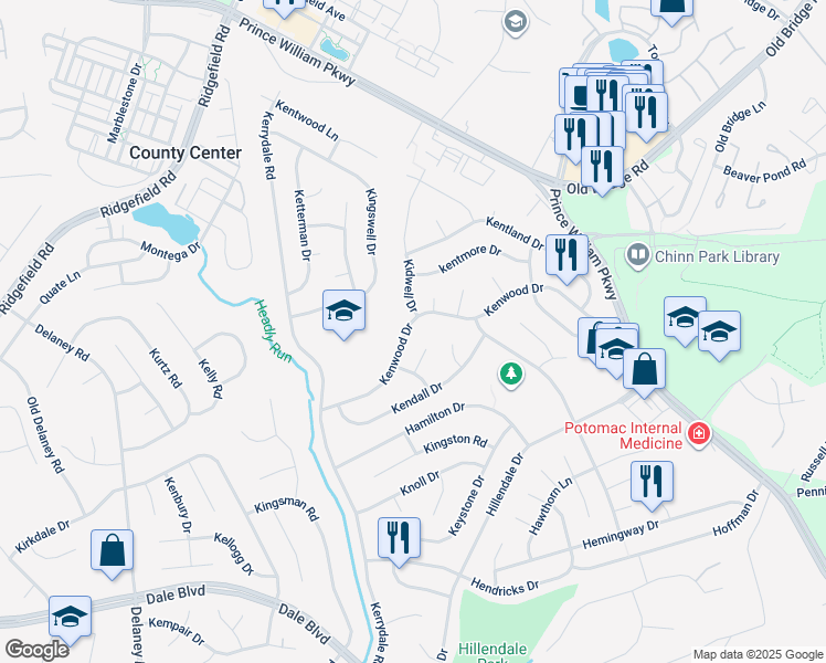 map of restaurants, bars, coffee shops, grocery stores, and more near 4515 Kenwood Drive in Woodbridge