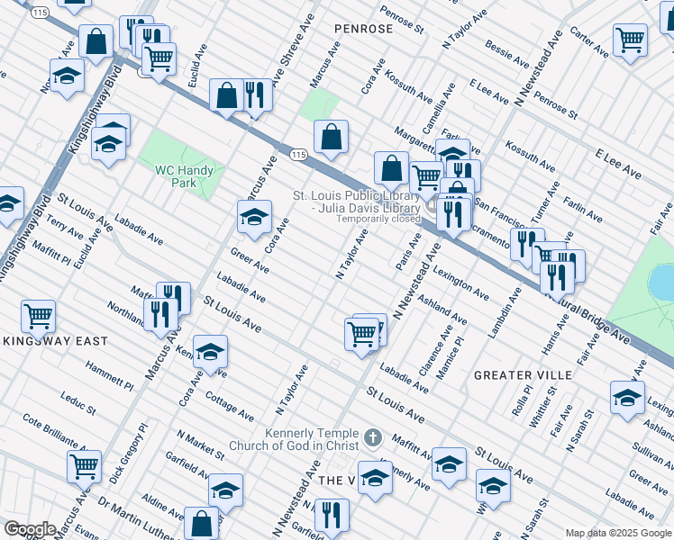 map of restaurants, bars, coffee shops, grocery stores, and more near 3209 North Taylor Avenue in St. Louis