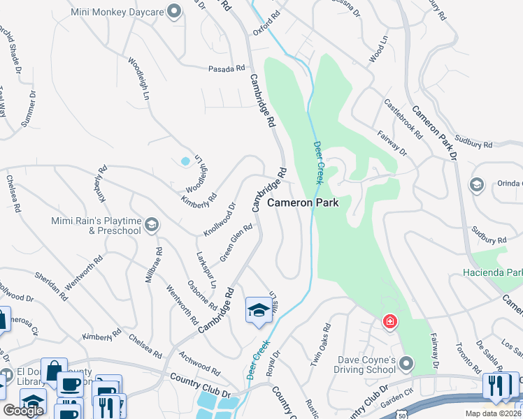 map of restaurants, bars, coffee shops, grocery stores, and more near 3569 Cambridge Road in Cameron Park