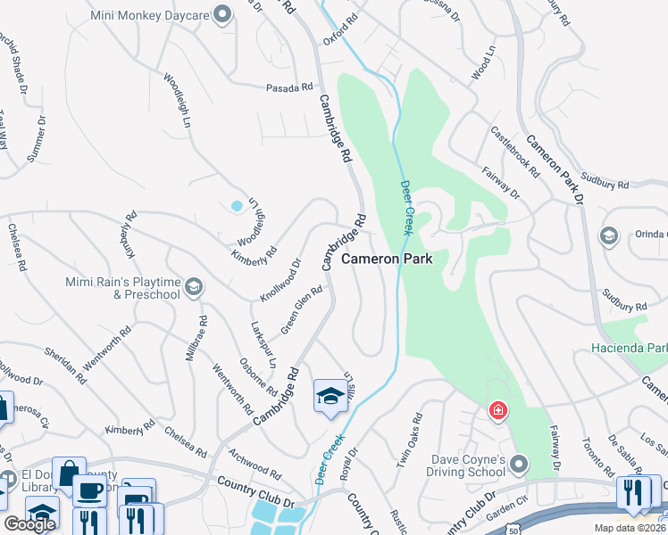 map of restaurants, bars, coffee shops, grocery stores, and more near 3569 Cambridge Road in Cameron Park