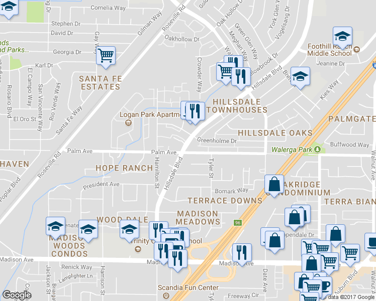 map of restaurants, bars, coffee shops, grocery stores, and more near 5560 Hillsdale Boulevard in Sacramento