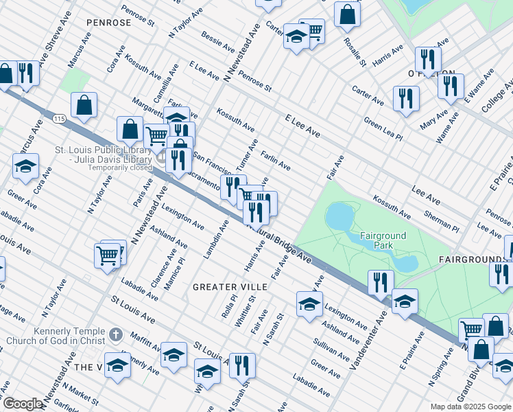 map of restaurants, bars, coffee shops, grocery stores, and more near 4237 Sacramento Avenue in St. Louis