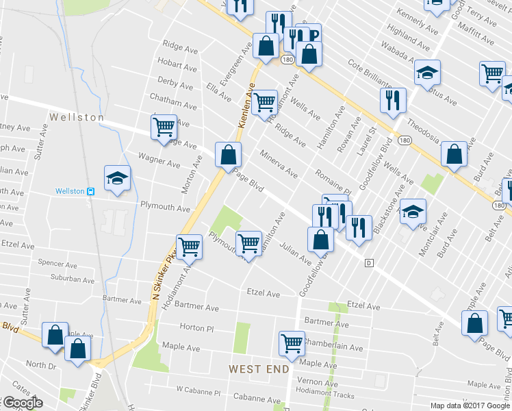 map of restaurants, bars, coffee shops, grocery stores, and more near 1279 Oak Court in St. Louis