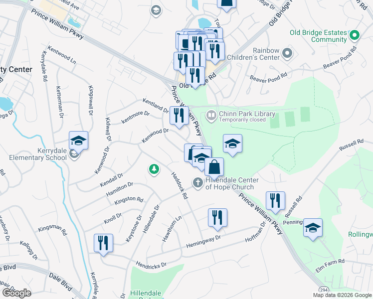map of restaurants, bars, coffee shops, grocery stores, and more near 13023 Kenmar Drive in Woodbridge