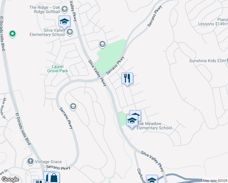 map of restaurants, bars, coffee shops, grocery stores, and more near 1600 Daunting Dr in El Dorado Hills