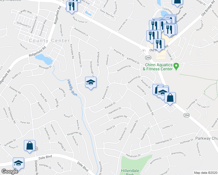 map of restaurants, bars, coffee shops, grocery stores, and more near 4515 Kenwood Drive in Woodbridge