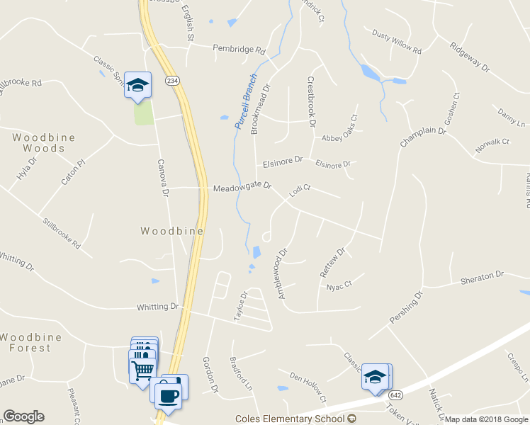 map of restaurants, bars, coffee shops, grocery stores, and more near 13172 Superior Court in Manassas