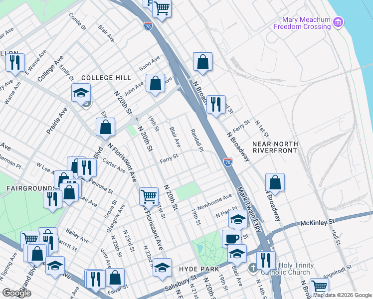 map of restaurants, bars, coffee shops, grocery stores, and more near 4300 Blair Avenue in St. Louis