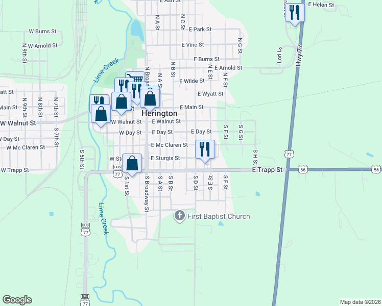 map of restaurants, bars, coffee shops, grocery stores, and more near 211 South C Street in Herington