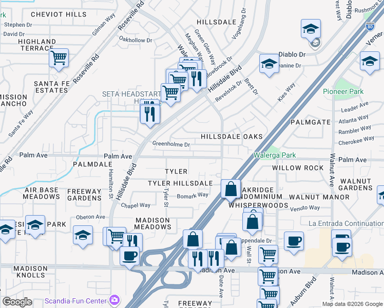 map of restaurants, bars, coffee shops, grocery stores, and more near 4537 Palm Avenue in Sacramento