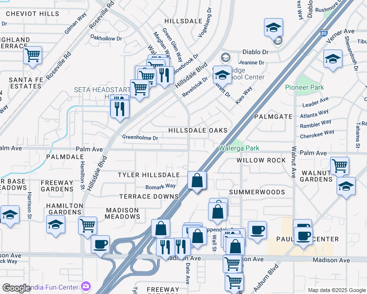 map of restaurants, bars, coffee shops, grocery stores, and more near 4621 Palm Avenue in Sacramento