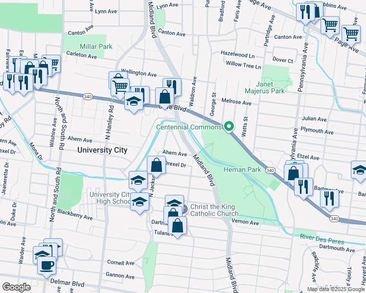 map of restaurants, bars, coffee shops, grocery stores, and more near 1110 East Parkedge Lane in University City