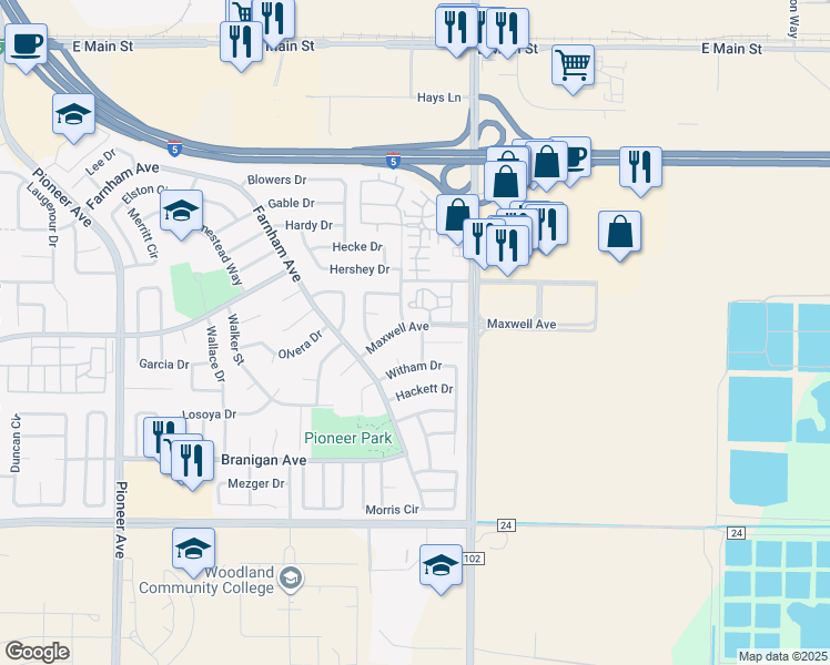 map of restaurants, bars, coffee shops, grocery stores, and more near 900 Burns Way in Woodland