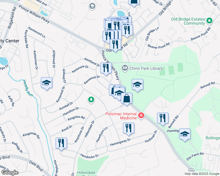 map of restaurants, bars, coffee shops, grocery stores, and more near 13023 Kenmar Drive in Woodbridge