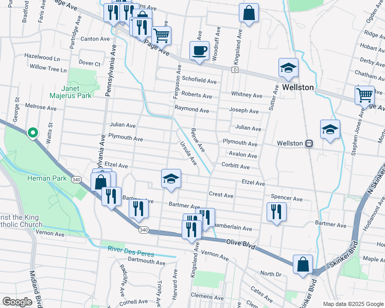 map of restaurants, bars, coffee shops, grocery stores, and more near 1140 Ursula Avenue in University City
